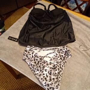 Black Bustier Camisole and Gray Leopard High-Waist Bikini Set
